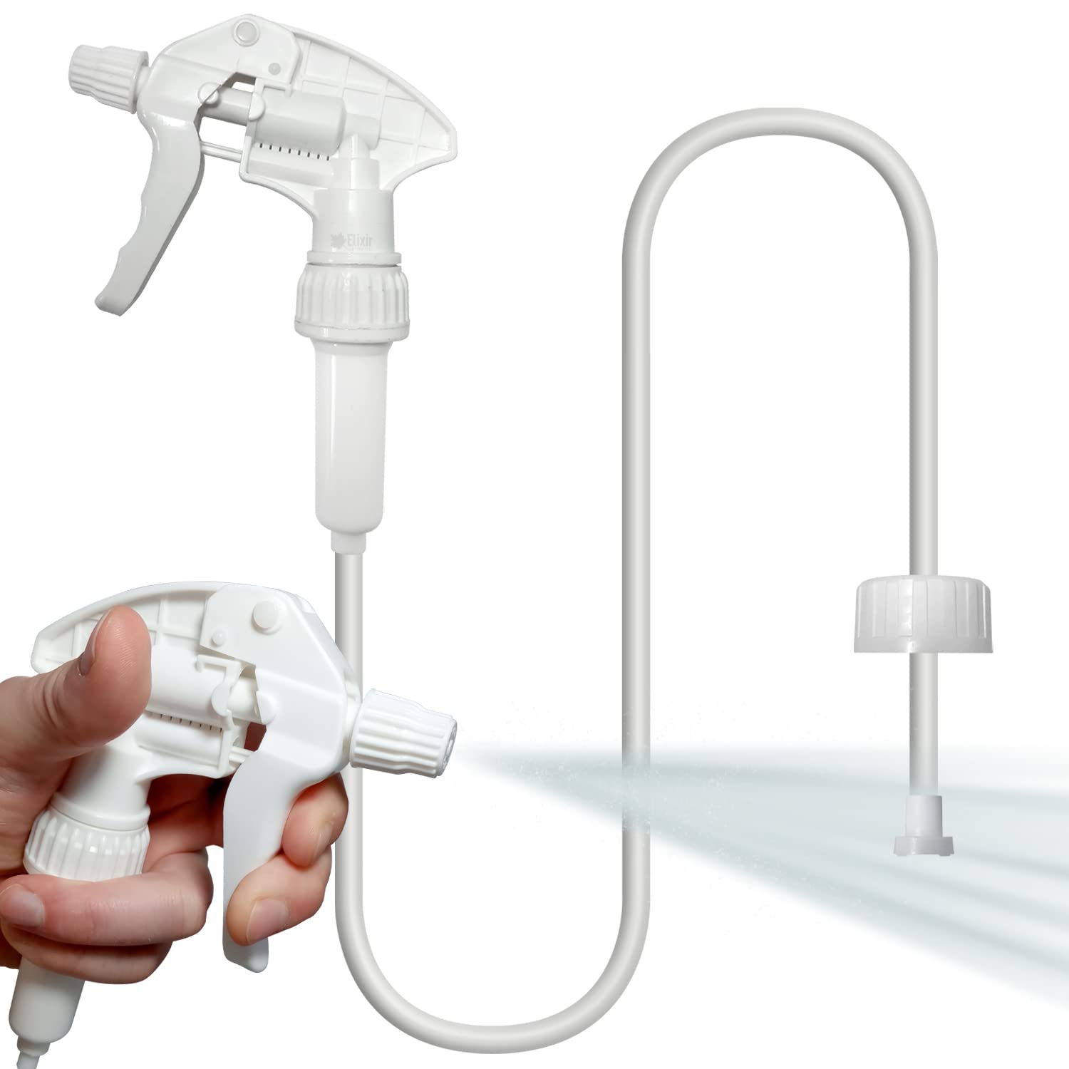 Elixir Gardens White Plastic Bottle Spray Heads with 90cm Hose | Mist & Stream Settings (28/400 Neck Bottle Fitting) Replacement Adjustable Nozzle Trigger Sprayers | x 20