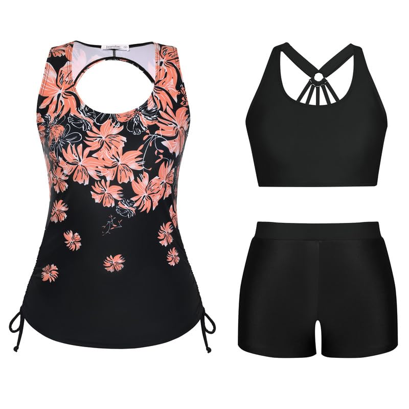JASAMBAC 3-teiliger Damen Bauchweg Tankini Sets, Push-up-Bikinioberteil und High Waist Badeshorts, einfache Badebekleidung, Sport-Badeanzug,Bademode für Strand,Schwimmbad