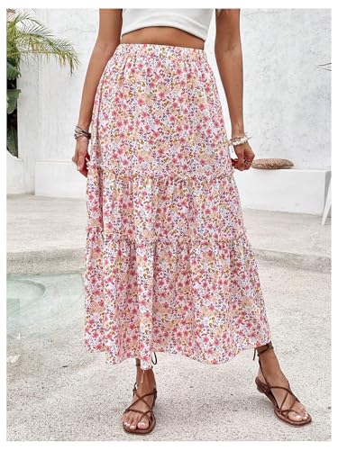 Women's Floral Tiered Ruffle Flowy Skirts High Waisted A Line Beach Vacation Long Skirt2