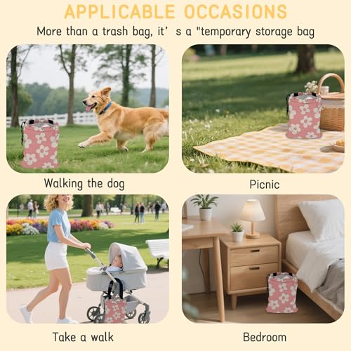 Image of Pink Groovy Flowers Car Garbage Bag, Small Car Trash Bag Hanging,Drawstring Car Garbage Bag with Adjustable Buckle for Car Back Seat,SUVs,Camping,Road Trips