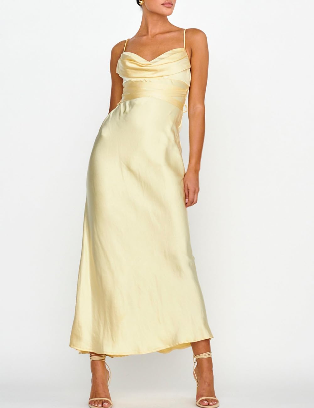 Women's Satin Spaghetti Strap Cowl Neck Backless Midi Wedding Guest Dress Ruched Sleeveless Tie Summer Dresses - Image 4