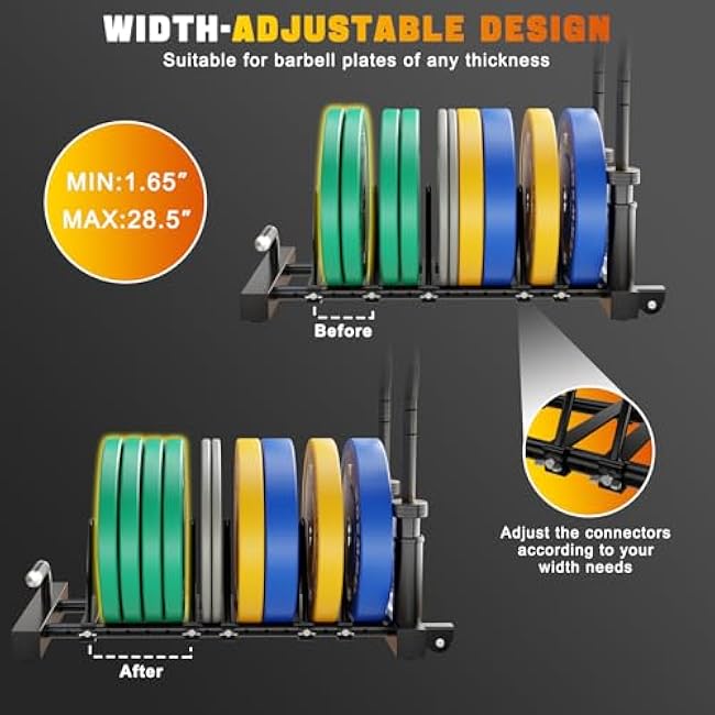 GXMMAT Horizontal Olympic Weight Plate Rack | 330lbs Capacity Powder-Coated Steel Frame | 4 Plate Storage Slots + 2 Barbell Holders | Adjustable Slot Spacing | Includes Wheels & Non-Slip Handles