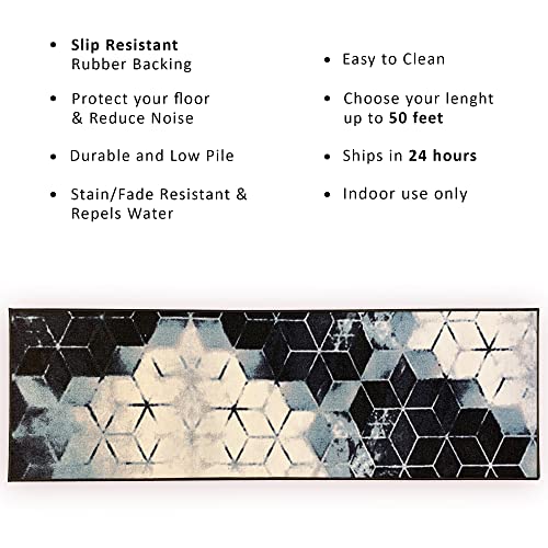 Custom Size Cubes Abstract Design Blue Color Rubber Backed Non-Slip Hallway Stair Runner Rug Carpet 26 Inch Wide by Your Length 26in x 3ft