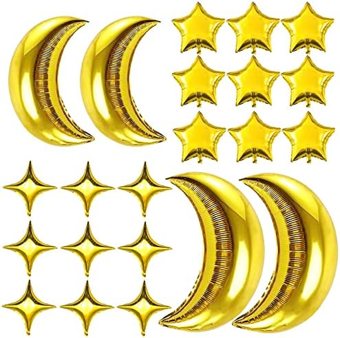 54Pcs Star Foil Balloons Moon Foil Mylar Balloons Kit with 50Pcs Gold Star Balloons and 4Pcs Large Moon Foil Balloons for Baby Shower Christmas Anniversary Engagement Wedding Birthday Party Decoration