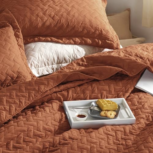 Image of Bedsure Quilts Queen Size - Lightweight Bedspreads Queen Size with Basket Weave Pattern, Soft Quilt Bedding Set, Red Orange Comforter Set Coverlet for All Seasons with 2 Pillow Shams (90 inch x 96 inch)