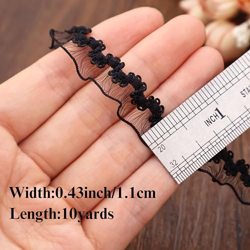 Idongcai 128 Elastic Ruffle Lace Trim 10Yards 0.4Inch Stretch Narrow Ruffle Edge Lace Ribbon Black thumb #1