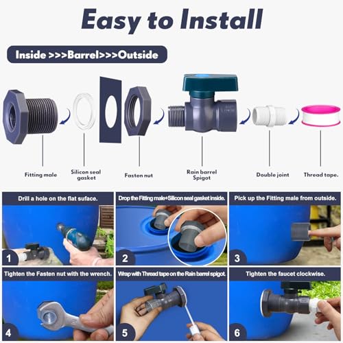 2-Sets-34-Inches-Rain-Barrel-Spigot-Kit-Water-Barrel-PVC-Garden-Diverter-Kit-Connector-Kit-Include-Bulkhead-Fitting-Hose-Faucet-Adapter-and-Thread-Seal-Tape-for-Home-Outdoor-Classic-Style