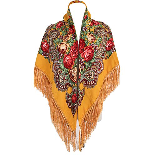 Gudessly, Bufanda tradicional para mujer, con borlas y flecos, chal retro con estampado floral, poncho con cuello y cabeza, Amarillo, Talla única