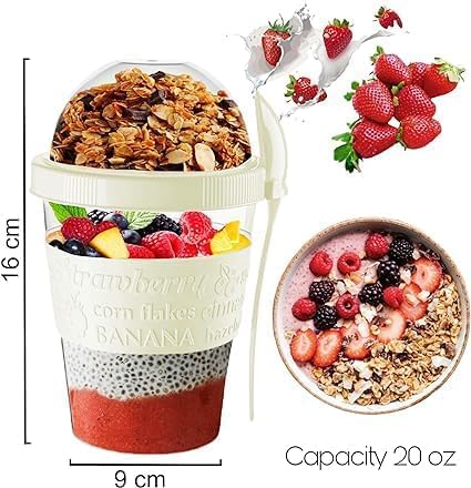 Pro Home Yogurt Pot With Spoon 20oz/600ml Bpa Free Reusable Airtight Dishwasher Safe On The Go Yoghurt Pots With Lids Museli Cereal Cup Containers Overnight Oats Jar Storage (Cream) - Image 2