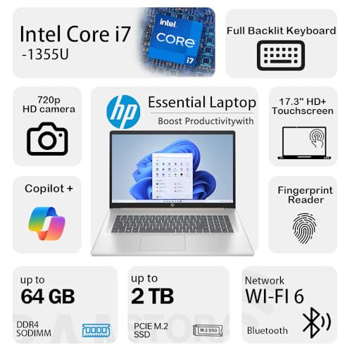 Image of HP Essential 17.3 inch HD+ Touchscreen Laptop, Intel Core i7-1355U, Up to 5.0GHz, 16GB DDR4 RAM, 1TB SSD, Wi-Fi 6, Fingerprint Reader, Webcam, Backlit Keyboard, Windows 11 Home, Pale Rose Gold