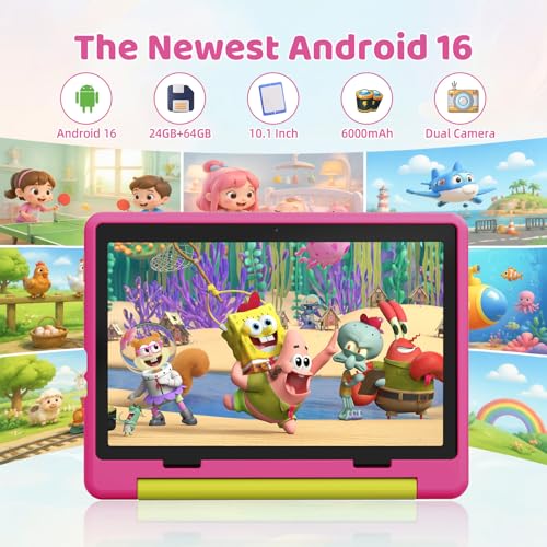Image of Gleeso Android 16 Kids Tablet, 24GB RAM 64GB ROM Tablet for Kids Toddler Children, 6000mAh Battery, Parental Control, Kids Mode, GMS Certified, 10 Inch Kids Tablet with Case, Dual Camera, Gift, Pink