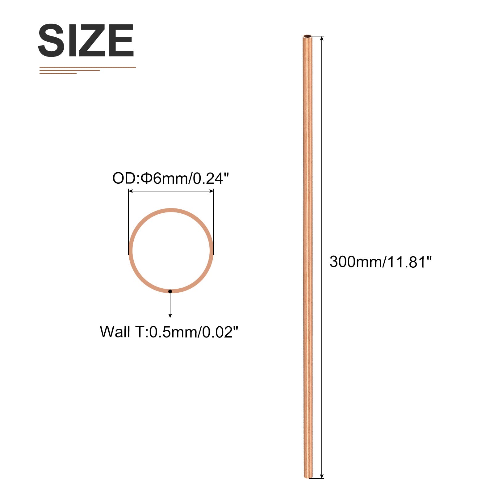 DTGN Rura miedziana 6 mm x 0,5 mm x 300 mm (ADxŚciana TxL) rura miedziana – 1 opakowanie – dobre do maszyn, wyposażenia, do samodzielnego montażu, dekoracyjna rama – okrągłe metalowe węże