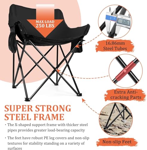 Image of Folding Camping Chair for Adults with Carry Bag, Portable Outdoor Moon Chair, Heavy Duty Steel Frame & Nylon Base Fabric for Camping, Beach, Fishing, Picnic, Lawn & Travel (Khakhi) (Black)
