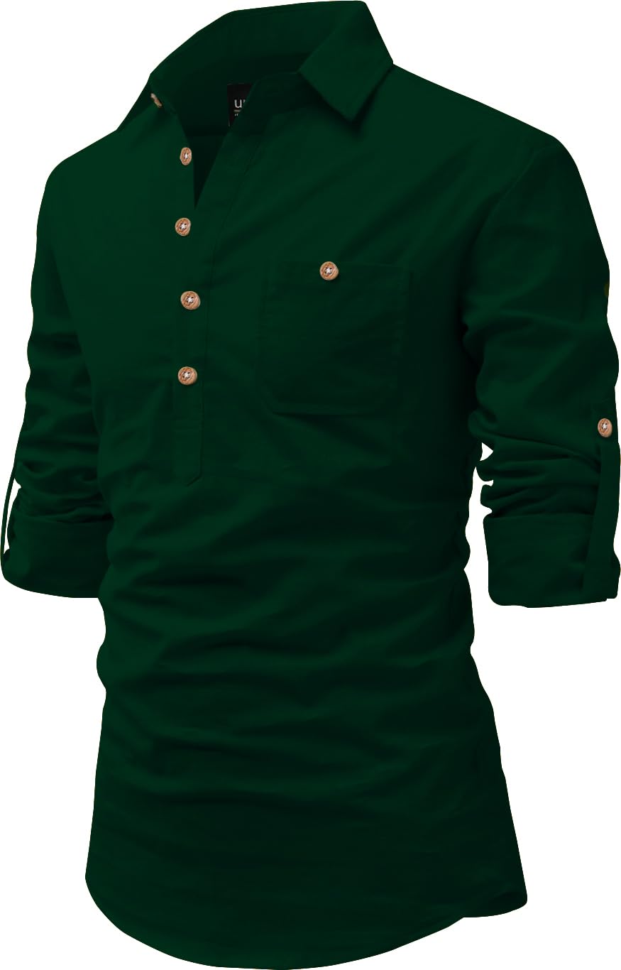 Bewakoof Full Sleeve Spread Collar Pure Cotton Casual, Wedding, Party, Festival Stylish Latest Short Length Slim fit Kurta Style Shirt for Men and Boys. in neutral
