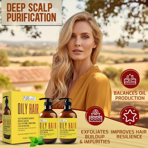 Image of Oily Hair Shampoo and Conditioner Set - Sulfate Free Moisturizing Cleanse for Oily, Flaky Scalps - Fights Dandruff and Itchiness - Salon Professional Formula - For Men and Women - 16 Fl Oz (Set of 2)