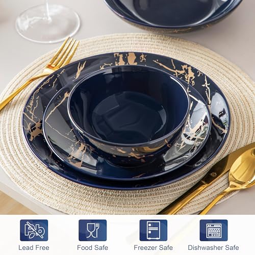 LOVECASA Tafelservice porzellan, Serie Daphne, SWEET 24-teiliges Kombiservice Set, Ess Geschirrset mit Goldspritzer Design, Speiseteller, Dessertteller, Müslischalen und Suppenteller für 6 Personen