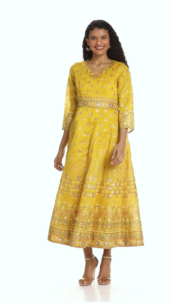 knee length dresses for ladies Yellow Embroidered Silk Maxi Dress – Kamakhyaa