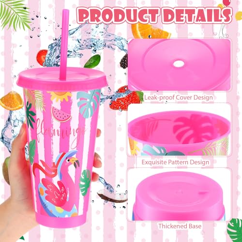 24 Reusable Flamingo Cups with Lids & Straws - Party Supplies - Image 3
