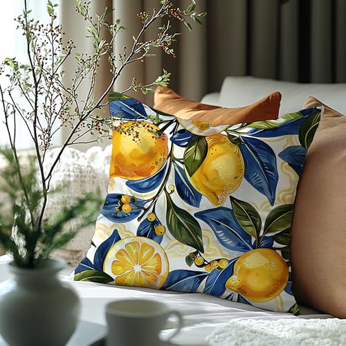 Image of Boho Summer Lemon Pillow Cover 18x18 Double-Sided,Italian Lemon Home Decor,Cottagecore Blue and Yellow Fruit Botanical Decorative Lumber Throw Pillow Cover for Home Bedroom Living Room