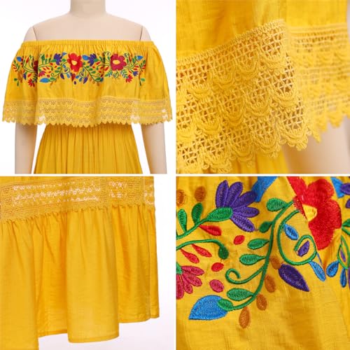 Image of ABEHIK Mexican Dress for Women Traditional Off Shoulder Embroidered Present Casual Lace Long Maxi Dress Cinco de Mayo Outfit