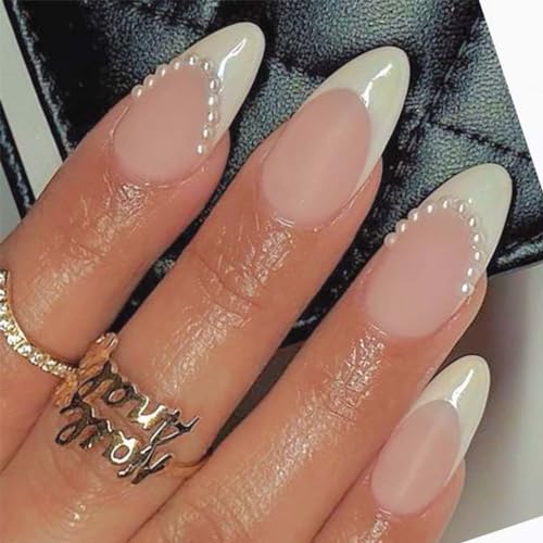 Foccna Press on Nails White Pearl Fake Nails Tips Almond Women's ...