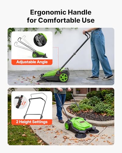 Image of VEVOR Walk-Behind Hand Push Floor Sweeper, Manual Floor Sweeper Non-Electric with 25.6 inch Sweeping Width, 5 Gallons Waste Container & Adjustable Folding Handle for Yards Walkways Patios Garages - Green