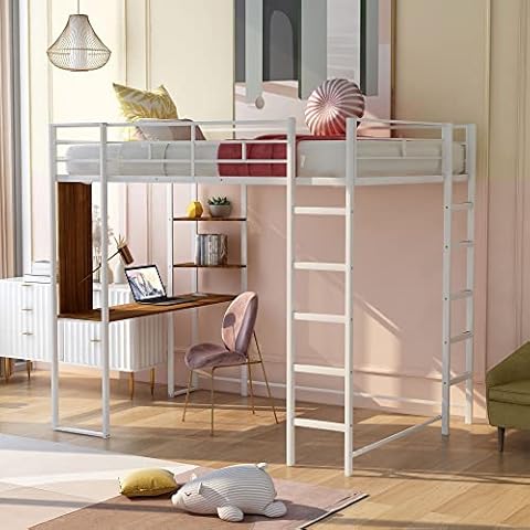 Tensun Loft Bed with Long Desk, Full Size Metal Loft Bed Frame with Full-Length Guardrails & Ladder Space Saving Loft Bed with Underbed Space for Work or Play, White Cover