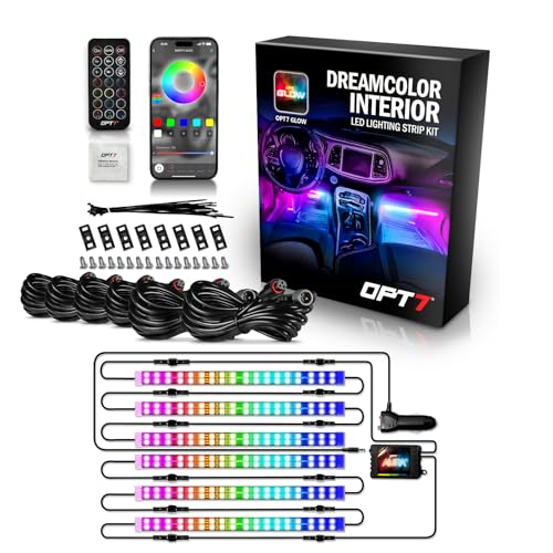 OPT7 Aura DreamColor RGB-IC Car Interior Ambient Light, 6PC Double Row LED Strips, Color Chasing Light Kit w/APP & Remote Control, Universal for Vehicles SUV Trucks Pickups Van