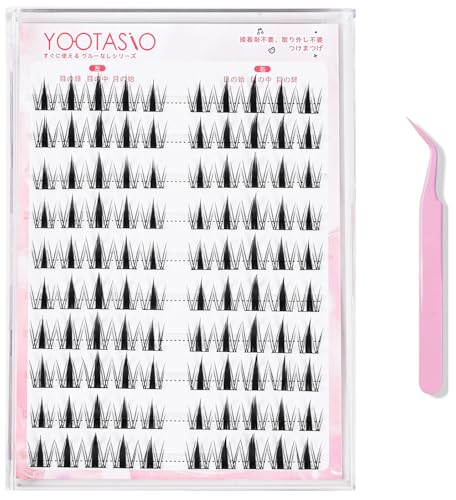 YOOTASIO 部分つけまつげのり不要 cos 1秒まつエク10-12mm 落ちにくい高い粘着力 束感 軽量 快適 旅行と日常使い(100束細黒軸+ピンセット)