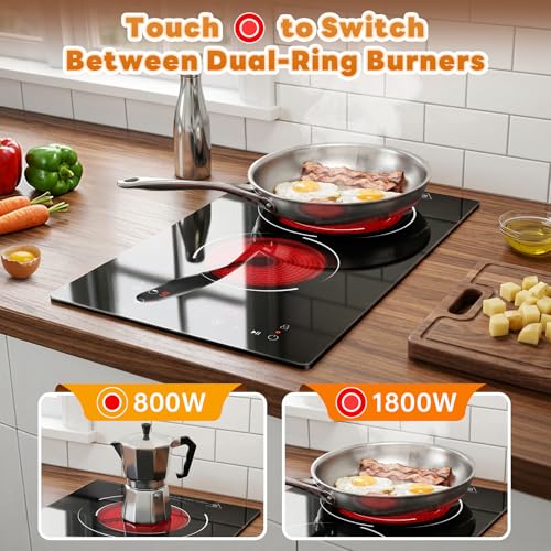 Image of 2 Burners Electric Cooktop, 110V Plug in Ceramic Cooktop, 12 Inch Countertop & Built-in Electric Stove Top with Dual-Ring Design, 9-Level Adjustment, Child Safety Lock, Timer, Overheat Protection