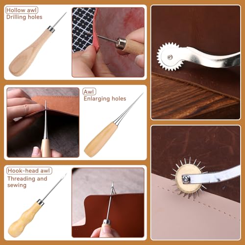 Image of Jupean Leather Working Kit, Tooling Tool Kit With Stamping Tools Storage Bag Cutting Mat Prong Punch Waxed Thread Stitching Groover For Craft
