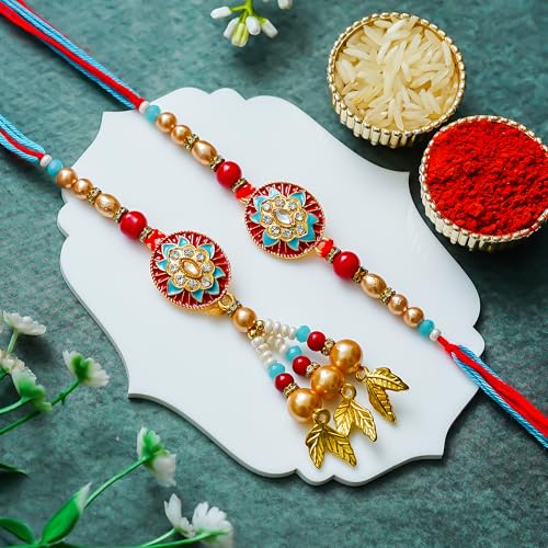Image of Rakhi Gift for Brother and Bhabhi with 2 Printed Ceramic Mug 325 ML, Lumba Rakhi Set, Greeting Card and Tilak Set Combo for Bhaiya Bhabhi (WPM-3)