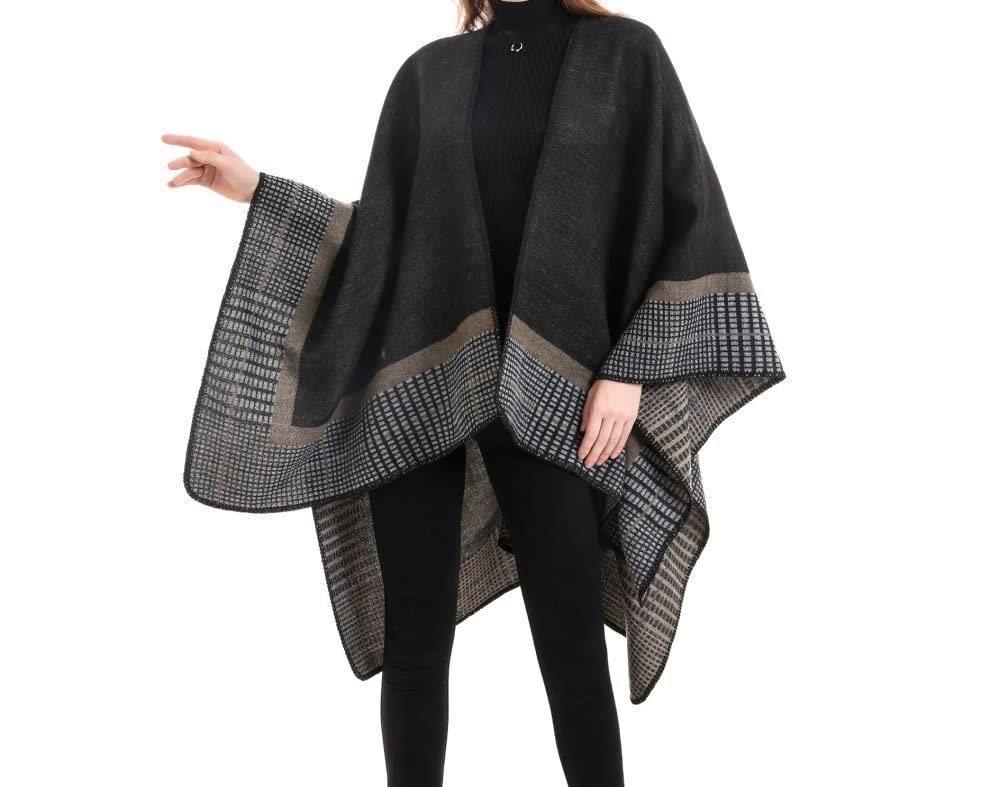 Danfiki Dames poncho gebreide omkeerbare cape warme schouderdoek gebreide sjaal mantel voor lente herfst, grijs, One size