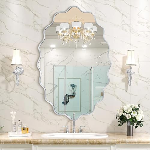 Image of Oval Wavy Wall Mirror -Irregular Wall Mirror with Silver Asymmetrical Aluminum Alloy Frame,22 inchx30 inch Decorative Wall Mirrors for Bathroom, Bedroom, Living Room, Dining Room，Entryway