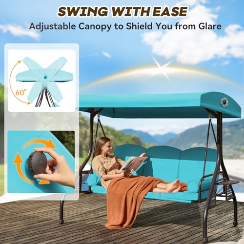 Image of 3 in 1 Outdoor Porch Swing with Adjustable Canopy, 3 Seat Outdoor Swing for Adults, Patio Swing Chair with Thickened Cushions,Pillows & Cup Holders for Backyard, Porch, Garden (Lake Blue)