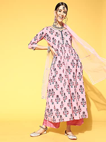 Image of INDO ERA Women's Cotton Blend Floral Printed A-Line Kurta With Pant & Dupatta Set (21GGG3904 Pink)