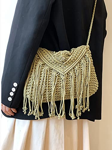Image of Crossbody Purse for Women Cute Macrame Hobo Satchel Bags Knit Summer Beach Bag Tassels Shoulder Crochet Tote Handbag