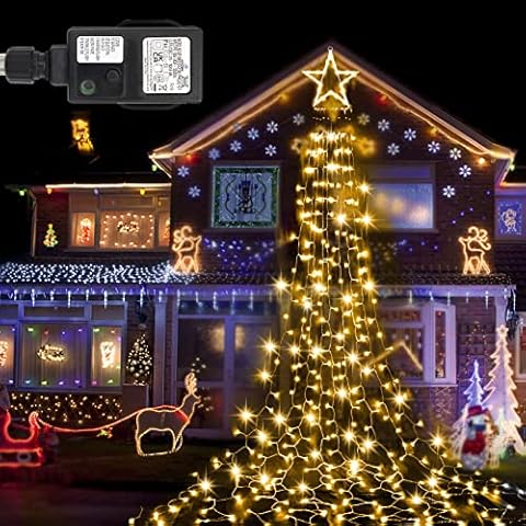 Outdoor Christmas Decorations Star String Light 344 LEDs Waterfall Christmas Cone Tree Lights 9x12FT Christmas Tree Toppers Fairy Lights with Remote for Yard Party Wedding Decor (Cool White) Cover