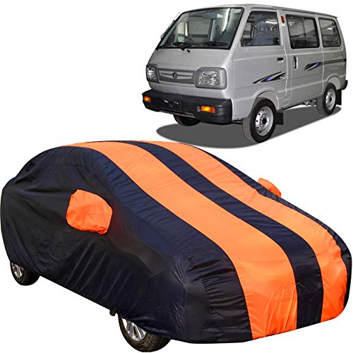 Image of 190 Taffeta Water Resistant Car Body Cover Compatible with Maruti Van /Omni with Mirror Pockets (Orange /Navy Blue)