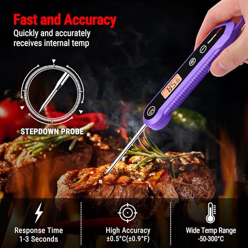 ThermoPro Food Thermometer, IPX6 Waterproof Cooking Thermometer Foldable Probe with Backlight/Calibration/Lock Fuction, Kitchen Digital Instant Read Use for Chicken, Beef, Fish, Pork, Ham, Purple - Image 3