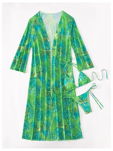 GORGLITTER Women's Three Piece Swimsuit Tropical Halter Bikini Set with Open Front Kimono3