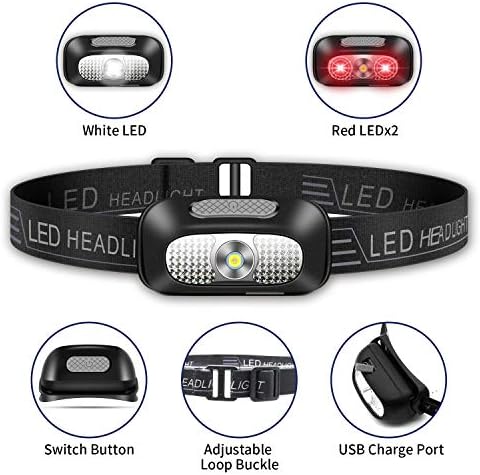 NREDXOON LED Head Torch, Lightweight Headlamp, USB Rechargeable Outdoor Super Bright Waterproof Headlight for Camping, Climbing, Hiking, Fishing, Night Reading, Running