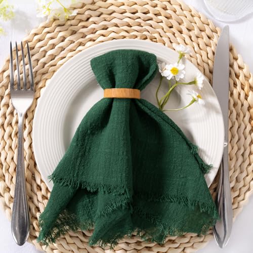 Image of MLMC 10 Pack Emerald Green Cloth Napkins with Fringe Boho Linen Napkins Washable Reusable Rustic Dinner Table Decor 17 inchx17 inch for Wedding Party Bridal Shower Reception Decor