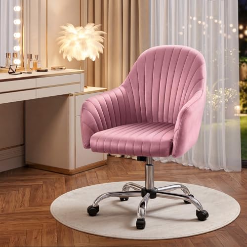 Image of Warmiehomy Vanity Chair, Velvet Office Chair, Desk Chair for Home Office, Comfy Task Chair with Arm Rest for Reading Makeup, Dusty Rose
