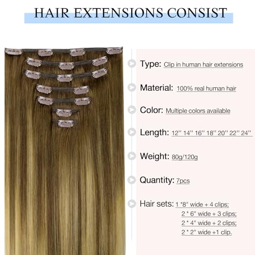 Image of DOORES Remy Human Hair Extensions Clip in, Medium Brown Highlighted Dirty Blonde 16 Inch 7pcs 120g, Clip in Hair Extensions Real Natural Hair Extensions Straight Thick