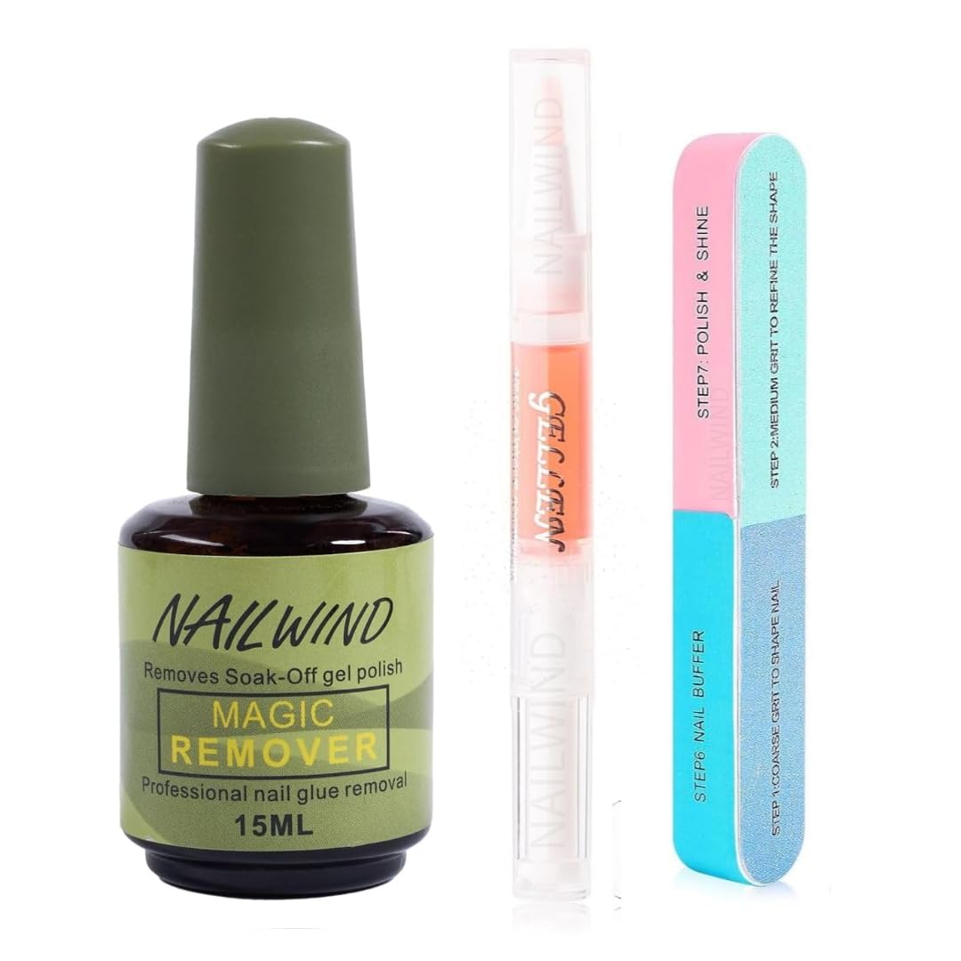NAILWIND Gel Nail Polish Remover, Cuticle OiL with 6 Step Buffer, Magic Remove Soak-Off Gel Polish, Peel Off In 2-5 Minutes, No Need for Foil, Soaking or Wrapping 3 Pcs Set