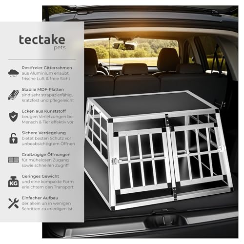 tectake® Hundebox Auto oder Hundebox für Zuhause. Aluminium Doppel Hundetransportbox, leicht und stabil, Auto Kofferraum Transportbox für bis zu 2 Hunde - 89 x 69 x 50 cm