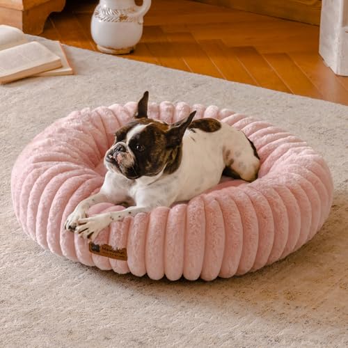 MEWOOFUN Hunde-Donut-Betten für kleine Hunde, beruhigendes Hundebett, rundes süßes Welpenbett mit Rutschfester Unterseite, Flauschiges (Rosa, 76x76x20cm)