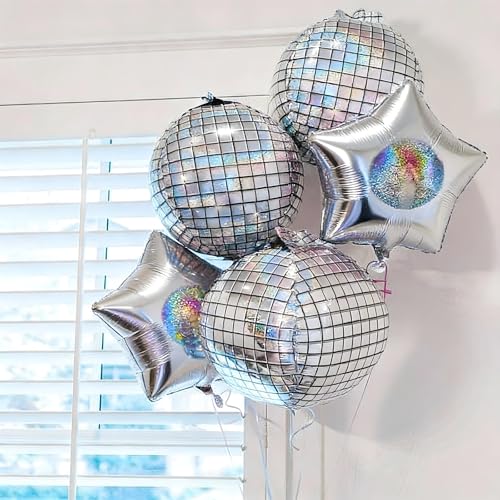 Image of 9 Pcs Disco Ball Balloons and Star Balloons 22 /18 4D Ball Balloons Laser Metallic Silver Disco Star Mylar Balloon for Birthday Bachelorette 70s 80s 90s Themed Grad Retro Prom Party Decor