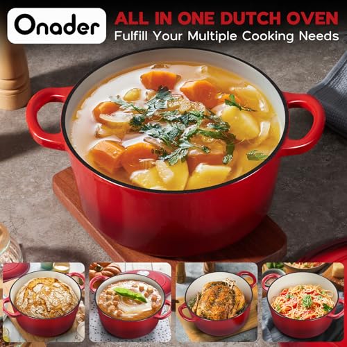 Onader 7QT Enameled Cast Iron Dutch Oven with Lid for Bread Baking, Round Dutch Oven Pot, Heavy Duty - Red